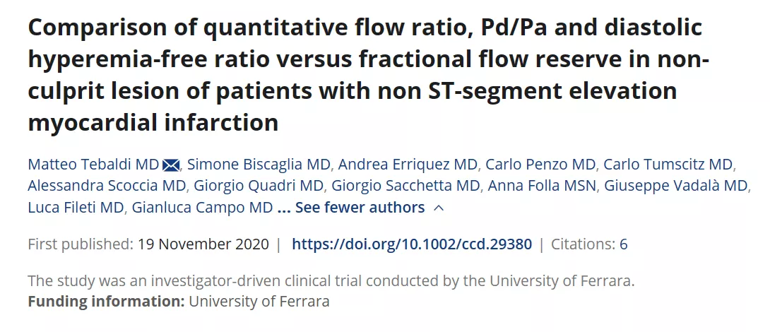 Comparison of quantitative flow ratio, Pd/Pa and diastolic hyperemia-free ratio versus fractional flow reserve in non-culprit lesion of patients with non ST-segment elevation myocardial infarction