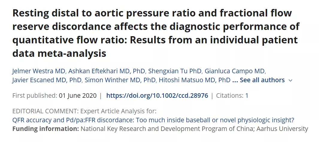 Resting distal to aortic pressure ratio and fractional flow reserve discordance affects the diagnostic performance of quantitative flow ratio: Results from an individual patient data meta-analysis