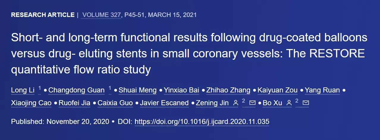 Short- and long-term functional results following drug-coated balloons versus drug- eluting stents in small coronary vessels: The RESTORE quantitative flow ratio study