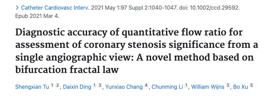 Diagnostic accuracy of quantitative flow ratio for assessment of coronary stenosis significance from a single angiographic view: A novel method based on bifurcation fractal law
